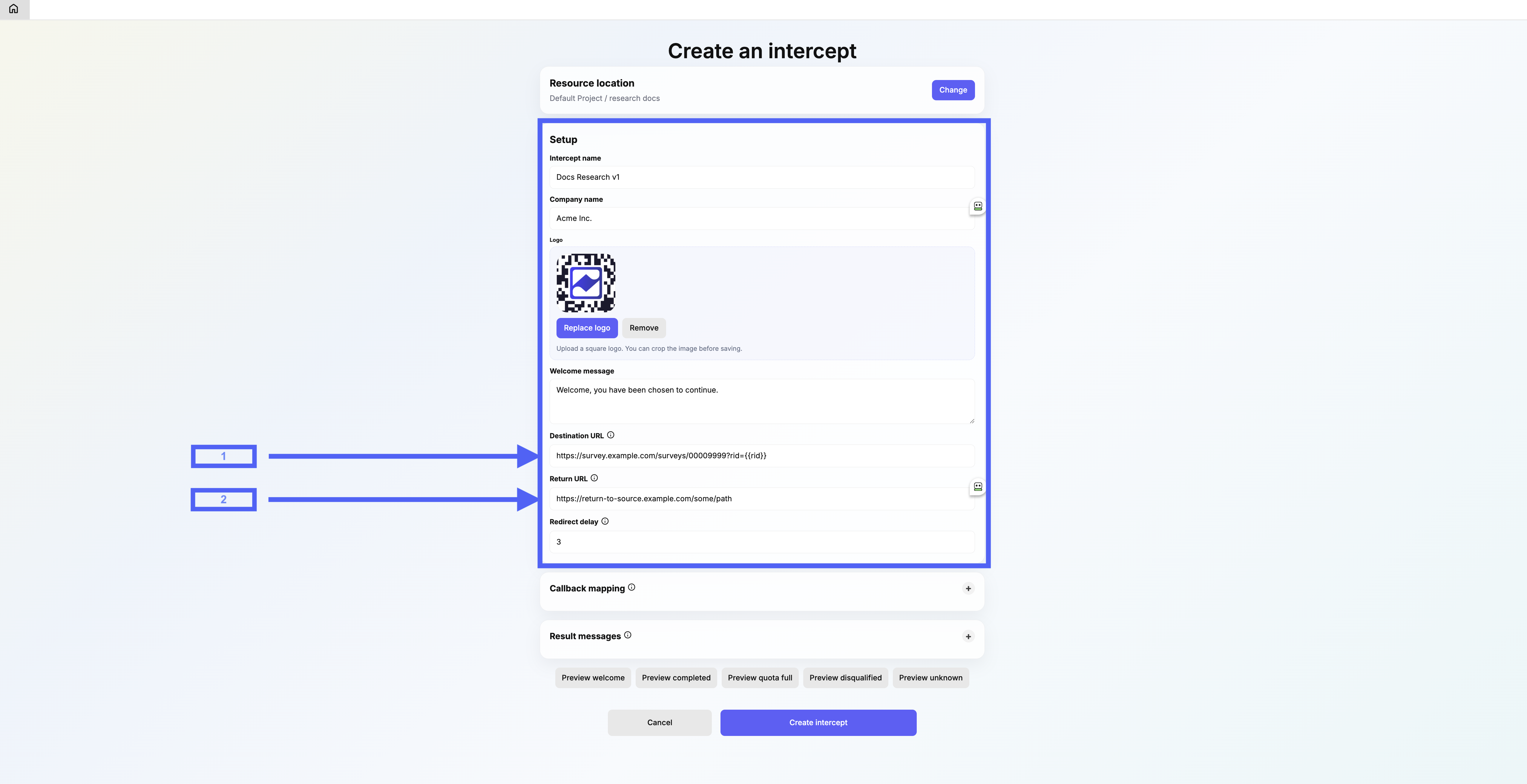 Configure Destination and Return URLs